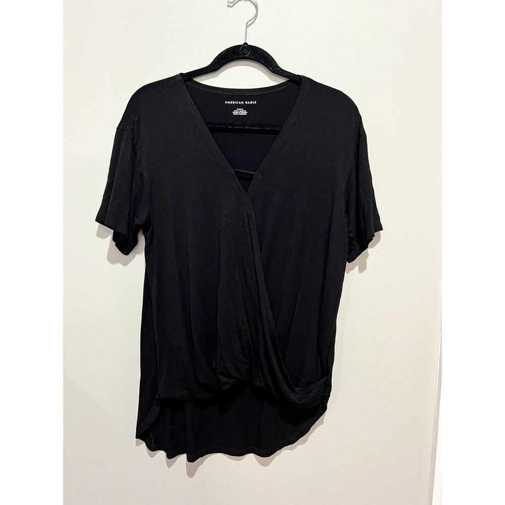 American Eagle Black Short Sleeve Wrap T-Shirt - Medium